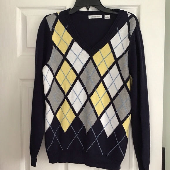 Liz Claiborne Sweaters - Liz Claiborne Long Sleeve Sweater V Neck Blue With Yellow Womens Large Pullover
